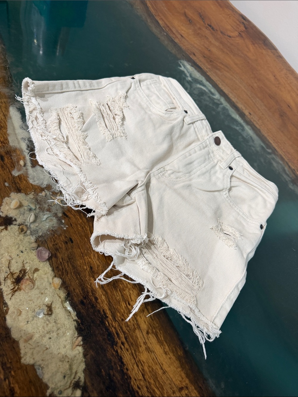 O’Neill Brand Distressed Cream Denim Shorts